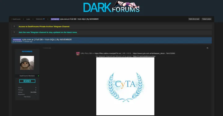 阿根廷 cyta.com.ar 疑遭SQL注入攻击，攻击者声称泄露全部数据库表