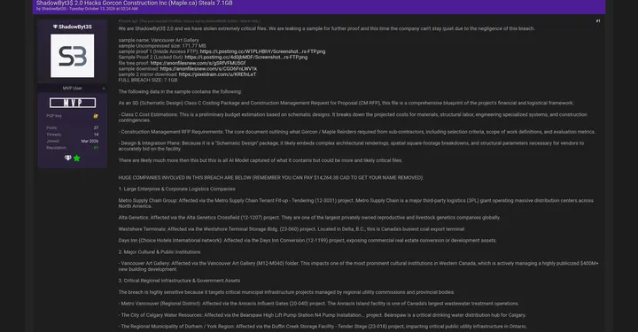 ShadowByt3$ 2.0声称入侵加拿大Gorcon Construction窃取7.1GB数据