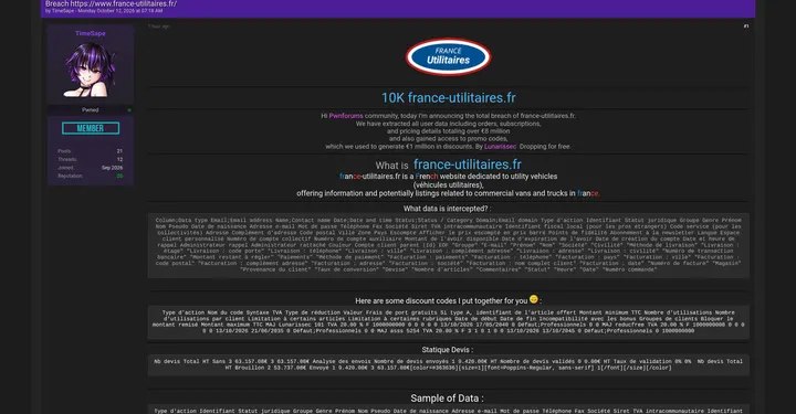 法国商用车网站france-utilitaires.fr被声称遭入侵并公开约10000条数据