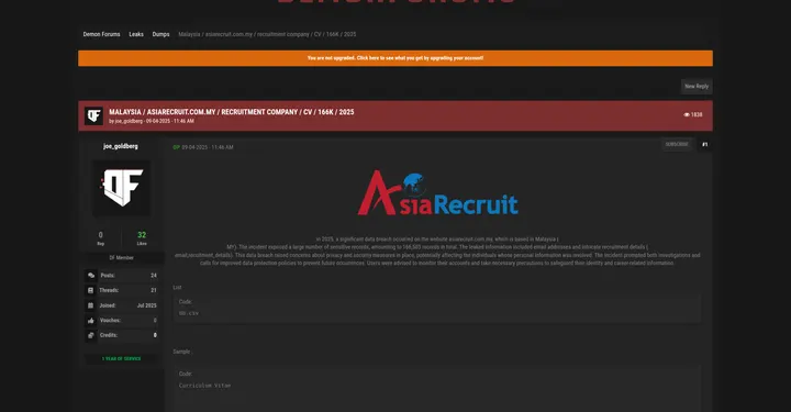 马来西亚招聘网站 asiarecruit.com.my 发生数据泄露，166503条记录疑似受影响