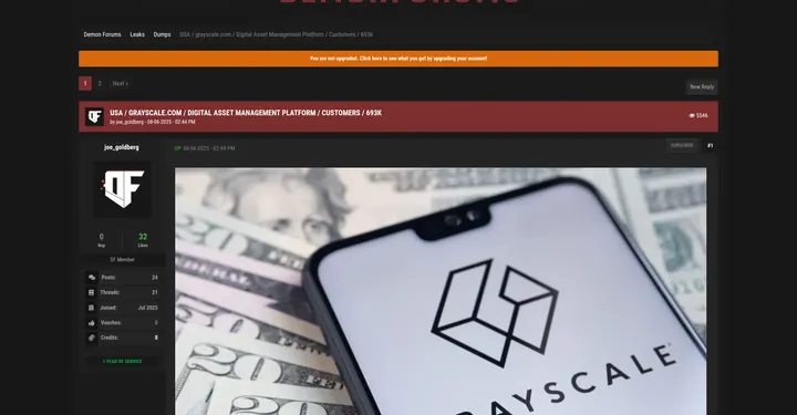 Grayscale Investments客户数据被声称泄露约693635条记录