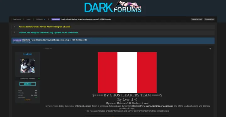 秘鲁主机服务商Hosting Perú据称被黑，超65万条记录遭泄露