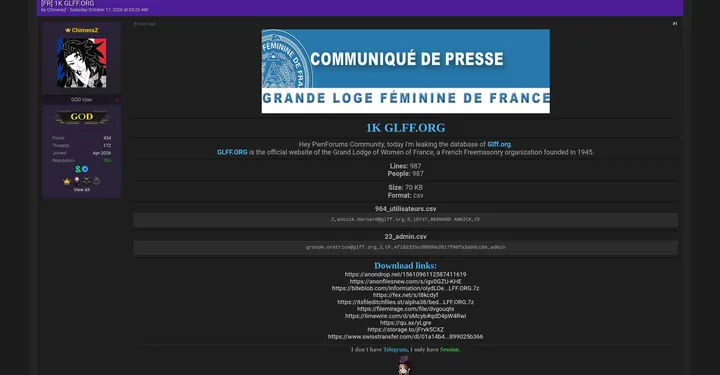 法国女性共济会官网GLFF.ORG数据库据称遭泄露，含用户及管理员数据