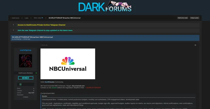 SCARLETTGROUP声称攻破NBCUniversal并获取多类内部数据