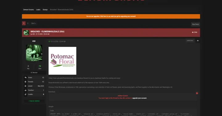 美国花卉批发网站flowerwholesale.com超10万用户信息被曝光