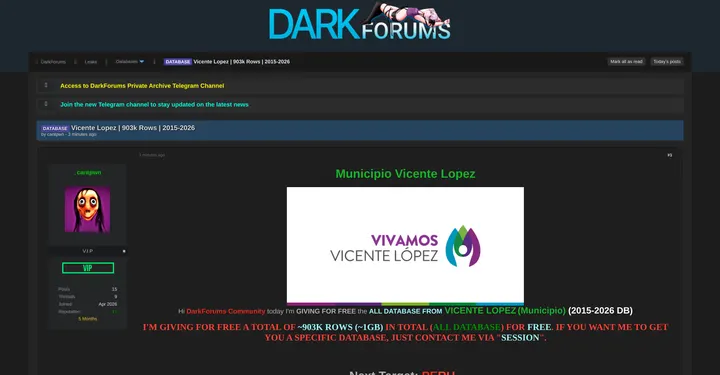 阿根廷Vicente Lopez市镇数据库据称外泄约90.3万条记录
