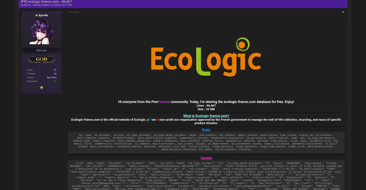 法国环保组织Ecologic官网46467条记录被公开泄露