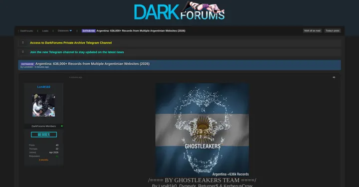 GhostLeakers声称公开阿根廷多网站63.6万条个人数据