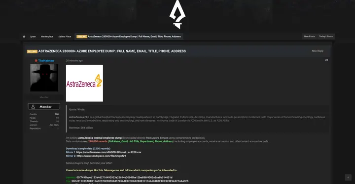 阿斯利康Azure租户逾28万条员工记录据称遭泄露