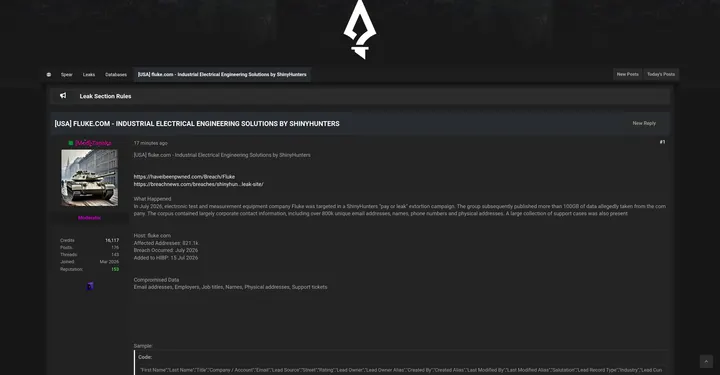 ShinyHunters据称公开Fluke超100GB数据，涉及82万余条企业联系信息