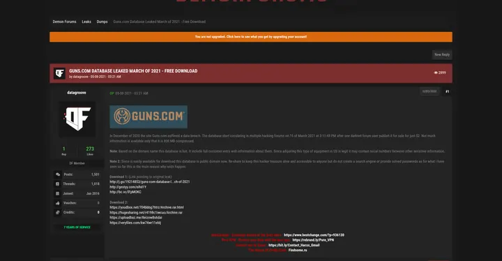 Guns.com网站数据库据称遭数据泄露并于2021年3月传播