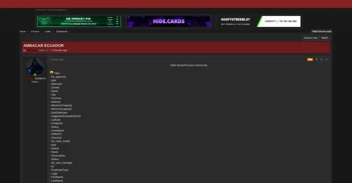 厄瓜多尔AMBACAR公司数据库据称遭公开泄露
