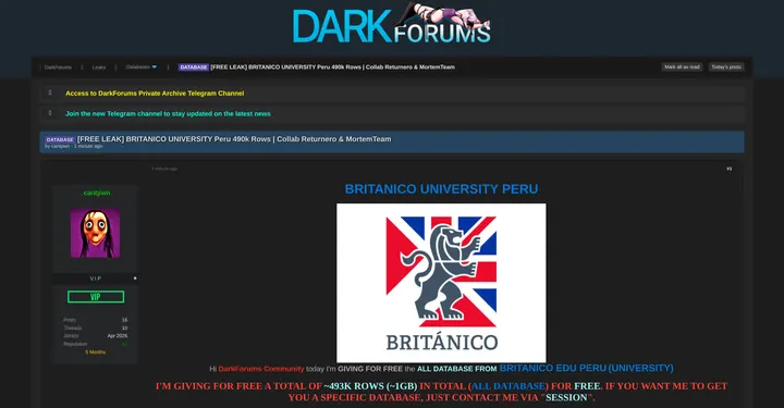 秘鲁BRITANICO大学数据库据称遭免费公开，涉约493000条记录